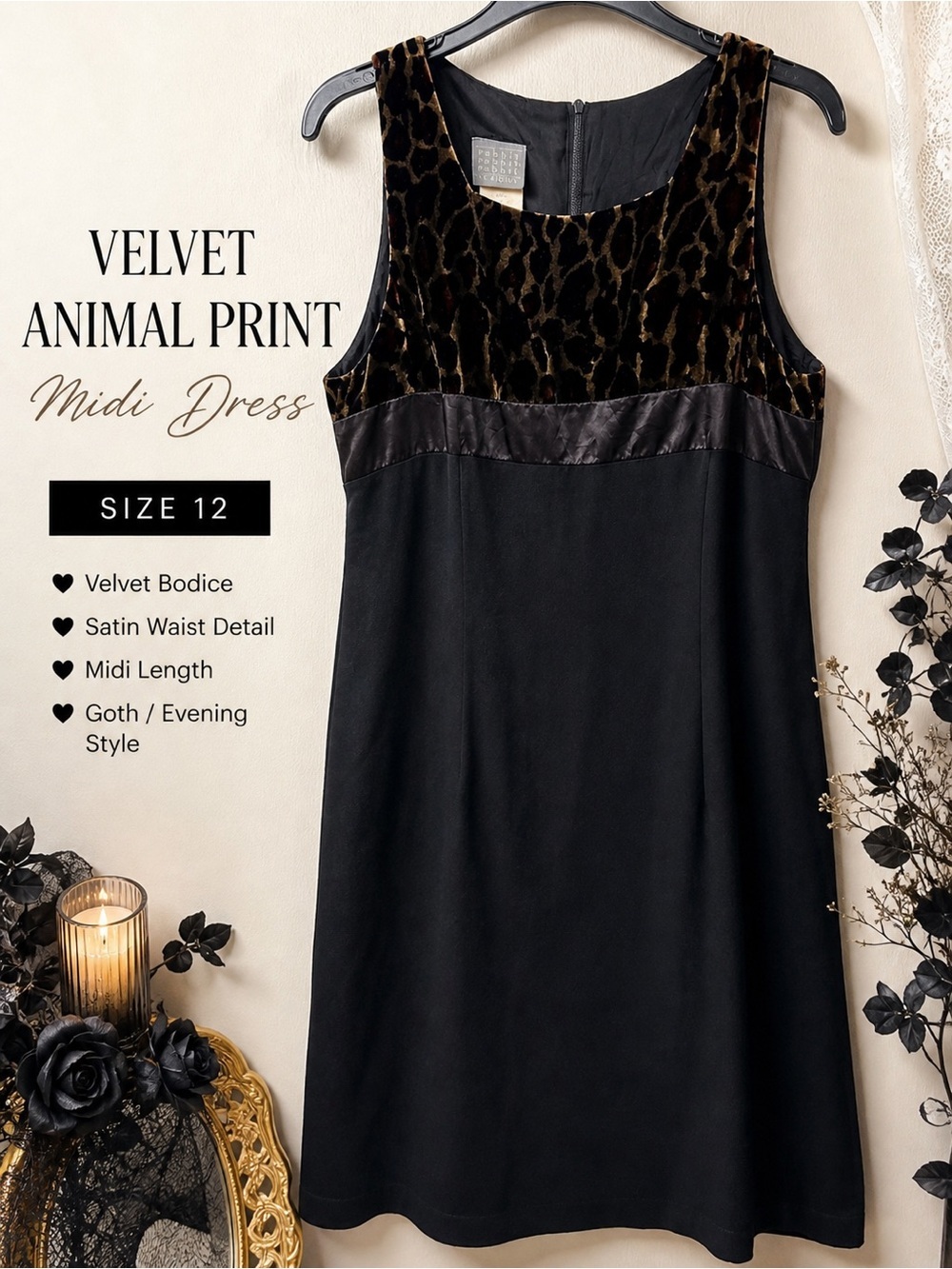 Rabbit Rabbit Rabbit Velvet Satin Animal Print Midi Dress Size 12 Goth Evening